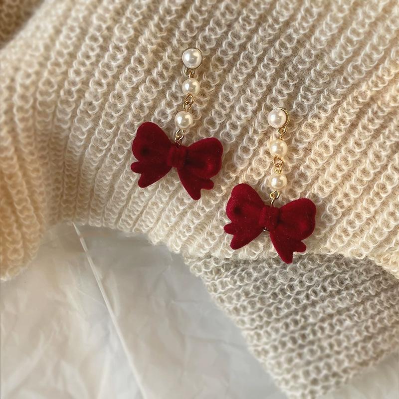 Burgundy Velvet Bow Pearl Stud Earrings Temperament Their Girl Celebrity New Versatile Light Luxury Earrings