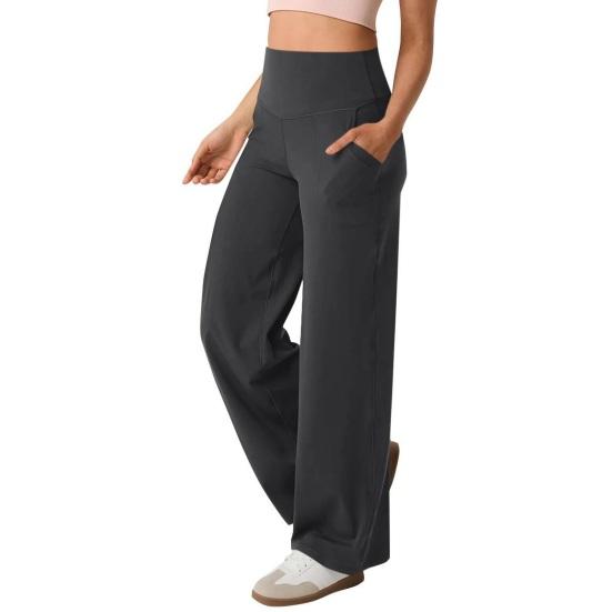 Dames Yogabroek Effen Kleur Hoge Taille Wijde Pijp Sportbroek met Zakken Buikcontrole Rechte Pijp Jurkbroek