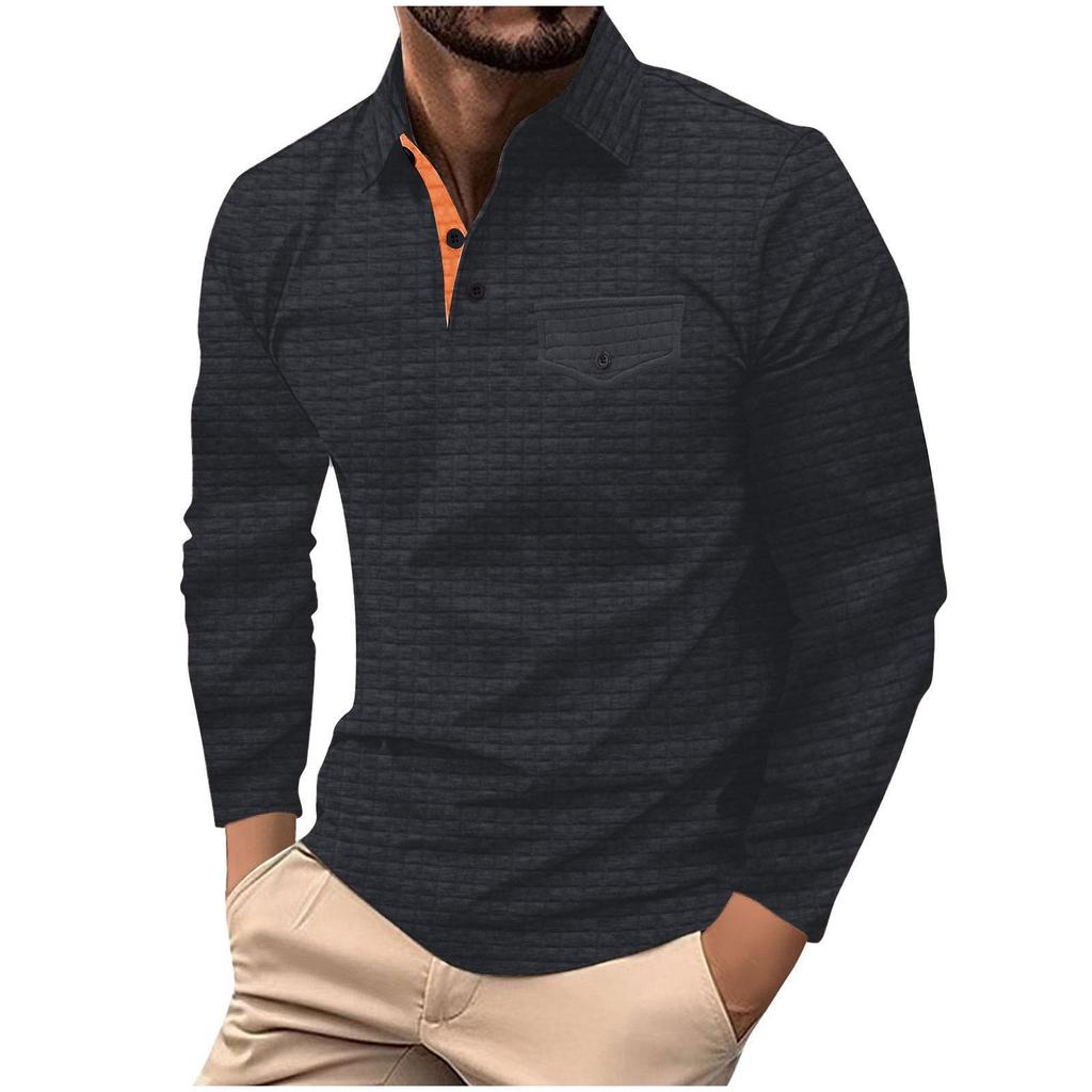 Men's Long-Sleeve Plaid POLO Shirt with Button Pocket - European and American Style, Perfect for Spring and Autumn.