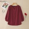 Women Casual V-Neck Solid Color 3/4 Sleeve Loose Blouse