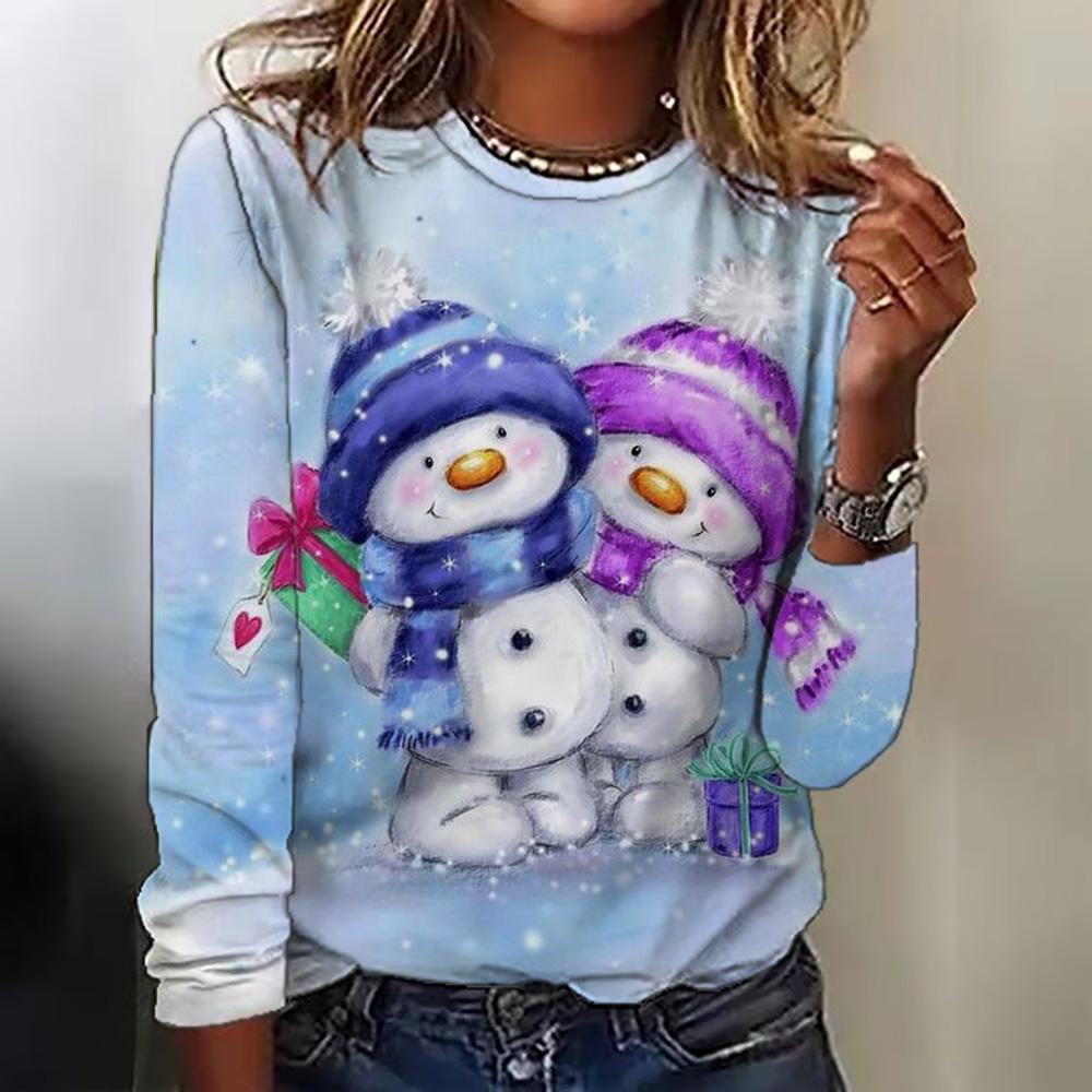 Summer Round Neck 3D Christmas Printed Top Fashionable and Casual Women's Long Sleeved T-shirts