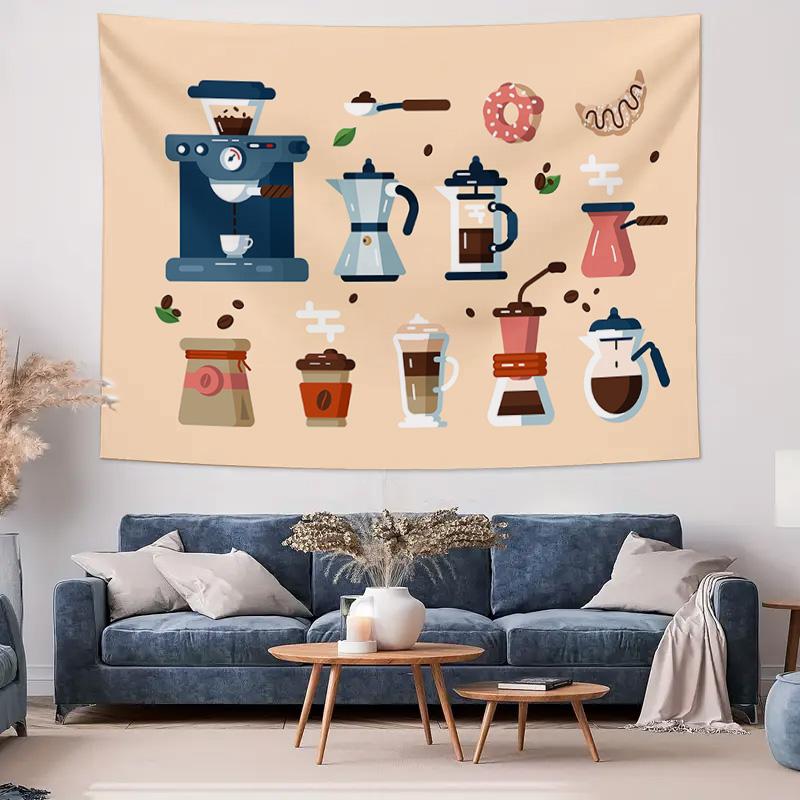 Coffee Maker Equipment Donut Drink Wall Tapestry Machine Washable All Season Decor Art Print Kitchen Cafe Design Home nontoxic
