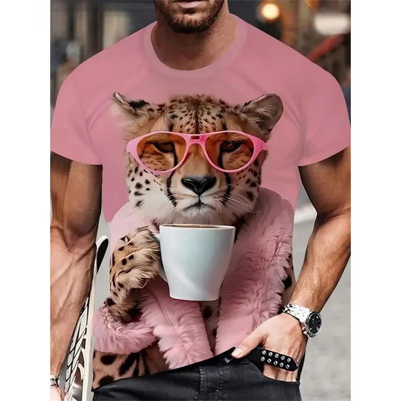 Men's T-shirt Men's fashion leopard print animal print casual short sleeved round neck T-shirt loose top