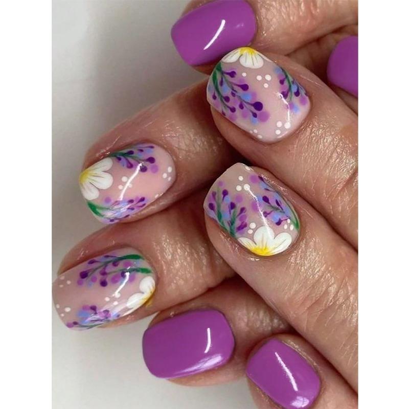 24Pcs Short Square Nails, Creative Purple Flowers And Plants Fake Nails Lovely Fake Nails, For Girls To Wear, Press On The Nails, Nail Supplies