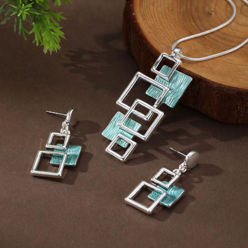 New enamel color geometric hollow square stud earrings pendant set, women's simple and high-end necklace