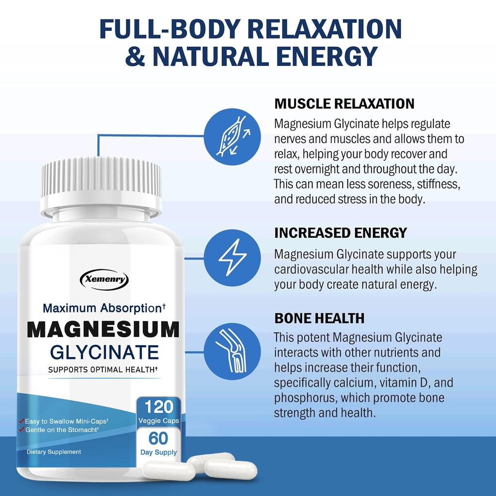 Magnesium Glycinate 500mg Capsules, Maximum Absorption Magnesium Supplement for Nerves Muscles Heart Mood