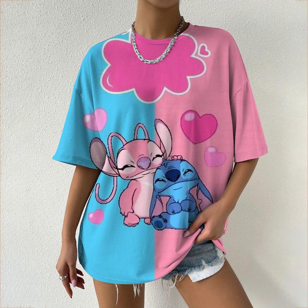 Kawaii koszulka damska Disney Lilo&Stitch casualowa koszulka Y2k z okrągłym dekoltem z krótkim rękawem 2025 letnia odzież damska