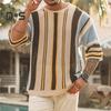 Men Sweater Striped Print Round Neck Knitted Half Sleeve Color Matching Loose Pullover Elastic Anti Shrink Men Summer Fall Spring Sweater