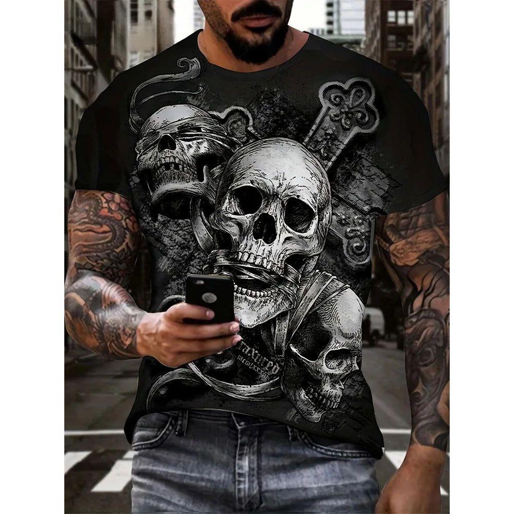 T-shirt Personnalisé Tête de Mort Imprimé 3D Été Nouveau Homme Col Rond Manches Courtes Tendance Européenne et Américaine Grande Taille