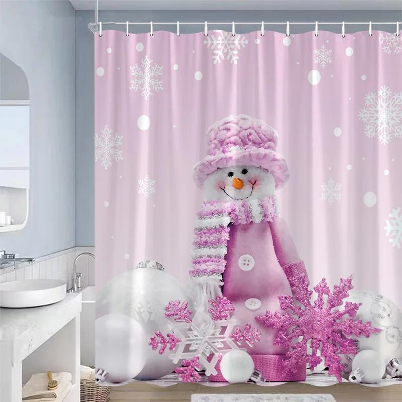 Rideaux de douche de Noël Bonhomme de neige bleu mignon Cadeau de Noël Forêt d'hiver Cèdre Paysage naturel Décoration de salle de bain maison Ensemble de rideaux de bain