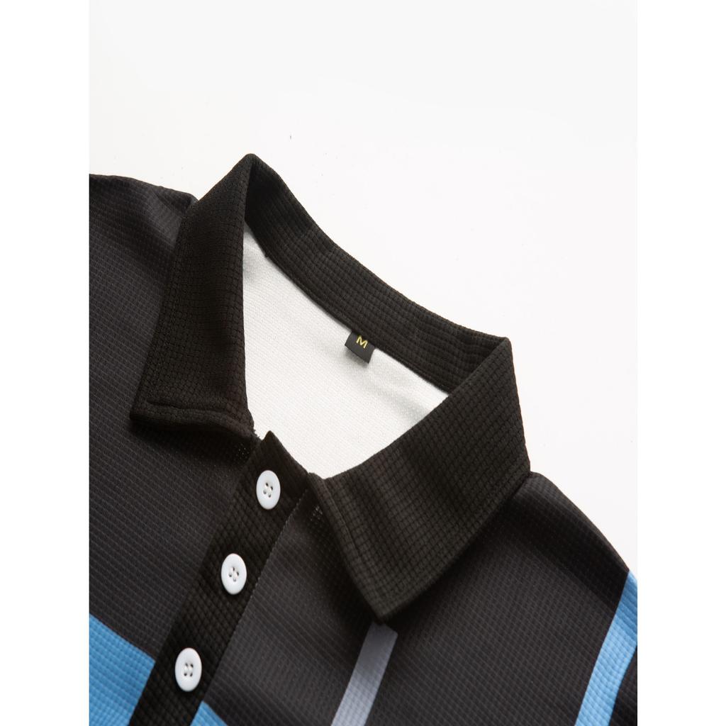 Summer Men's Daily Casual Stripe Printed Lapel Short Sleeve Polo Shirt Top