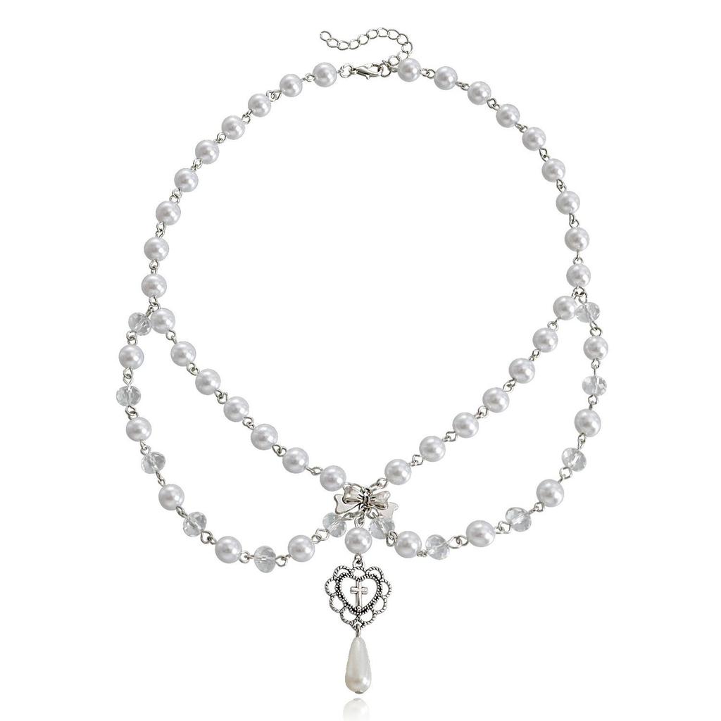 Collier Européen et Américain Double Couche à Pampilles de Perles avec Design d'Étoile pour Femmes