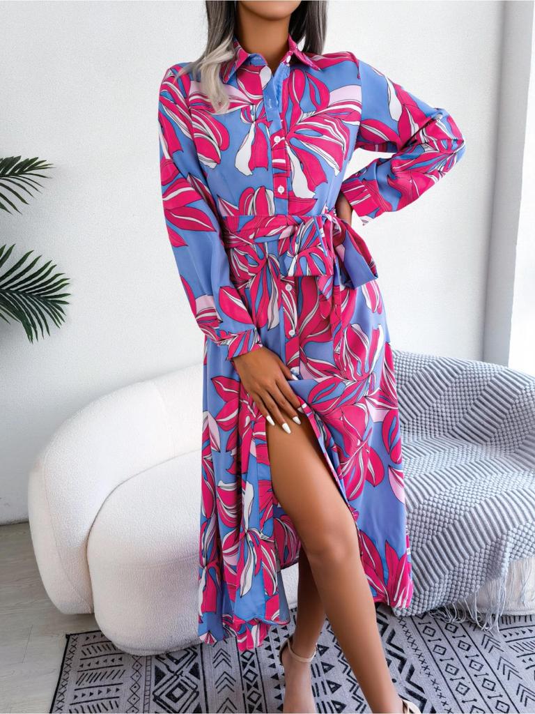 Turndown Collar Printing Button Dress High Waist Elegant Shirt Dress for Women Long Sleeve Loose Dresses Causal Dress