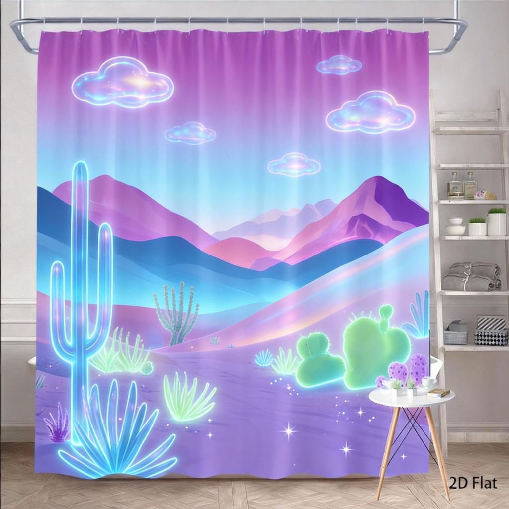 Rideau de douche Cactus 180x180cm – Scène Montagneuse Désertique avec Flore Vibrante, Décor de Salle de Bain Sud-Ouest, 12 Crochets