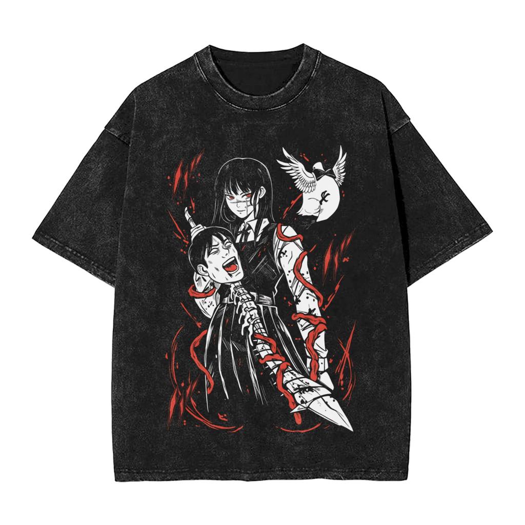 Anime Chainsaw Man Yoru T Shirt Hip Hop Gothic Washed Oversized TShirt Men Women Clothing Short Sleeve Cotton Tees Tops