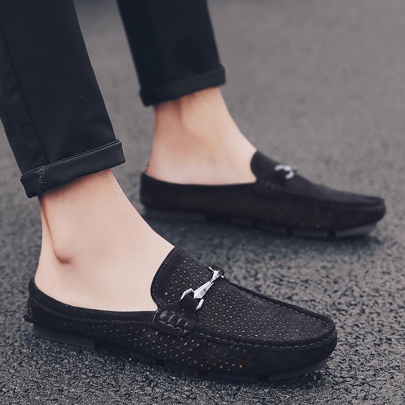 Men Slippers Suede Leather Men Half Slippers Hollow Breathable Anti-slip Sandals Men Casual Beach Summer Flats Comfortable Shoes