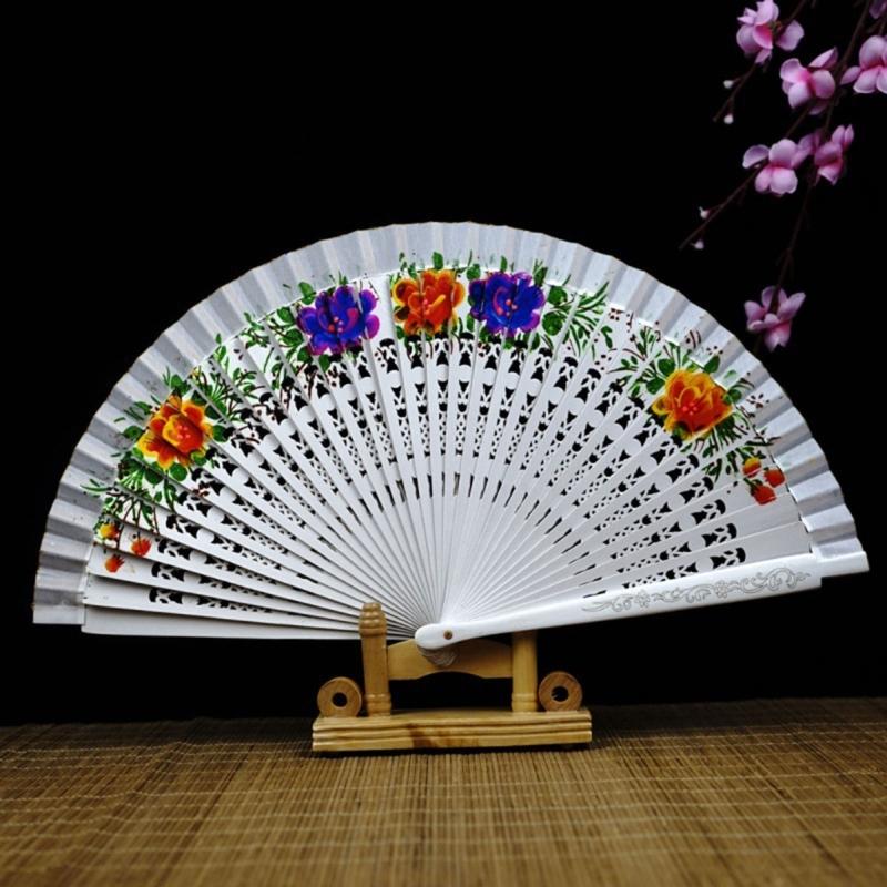 Women Vintage Spanish Folding Fan Double-Side Flower Painting Gypsy Wood Hand Fan for Dance Festival Decoration