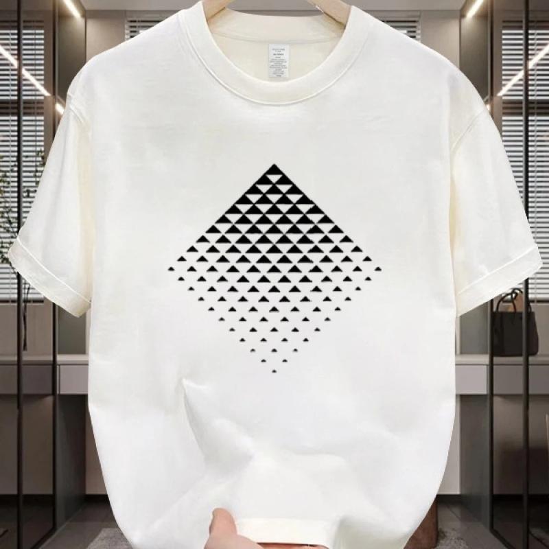 Summer Pure Cotton Men's Casual Loose Fashion Diamond Pattern Printed Comfortable Sports Short Sleeved Round Neck T-shirt
