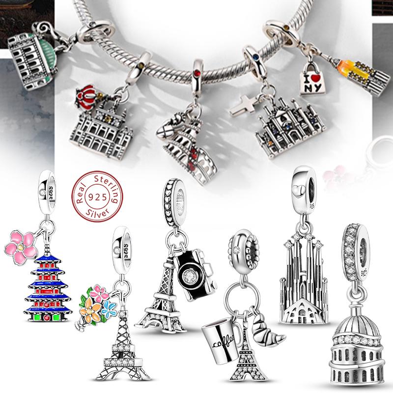 925 Silver Charms Beads Paris Eiffel Castle Church Pendant Fit Bracelet Bangle Pendant Women DIY Jewelry Gift
