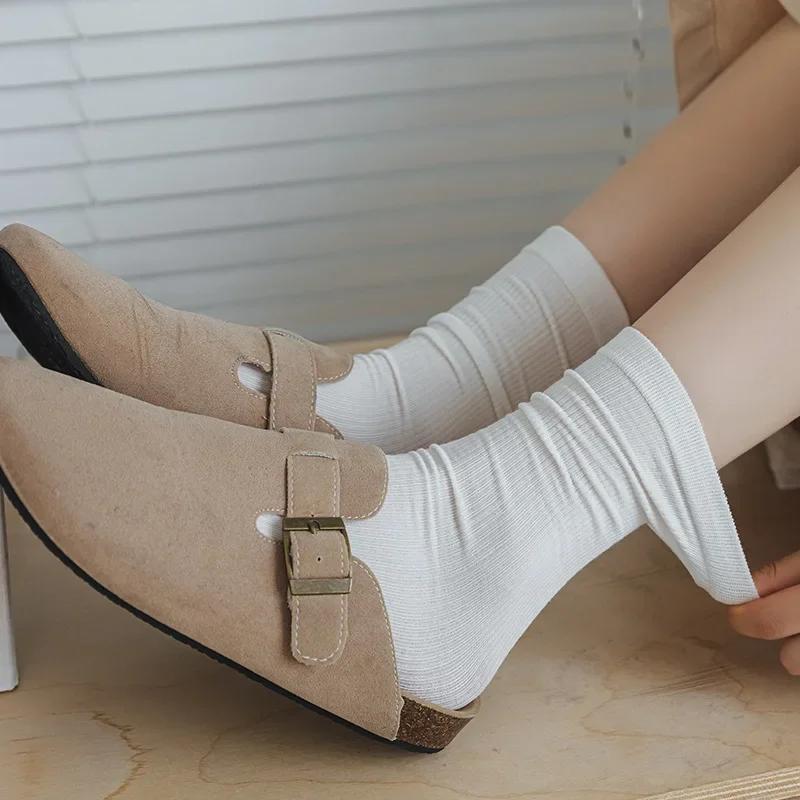Solid Color Socks Women Cotton Thin Breathable Elastic Long Socks Korean Style Casual Harajuku Streetwear Black White Gray Socks