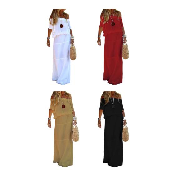 Casual Dress Off Shoulder Short Sleeve Elastic Waist Women Dress Solid Color Loose Cut Slim Party Dress