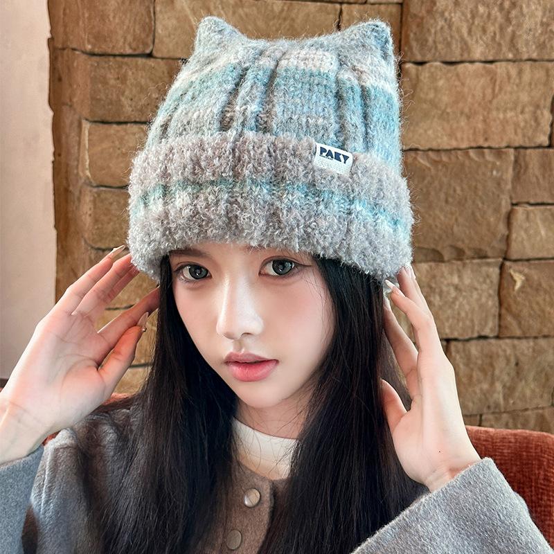 Gestreifte Plüschmütze Damen Herbst und Winter Pendeln Vielseitig Warm Ohrenschutz Kapuzenpullover Großer Kopfumfang Zeigt Gesicht Kleine Strickmütze