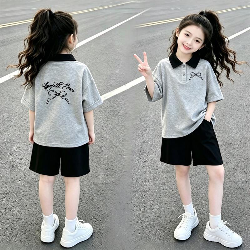Girls' Cotton Patchwork Polo Short Sleeve T-shirt Set - Summer Stylish Two-Piece for Medium & Large Children