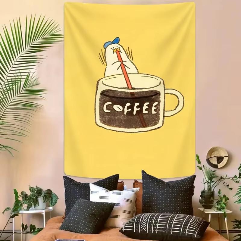 Cute Duck Drinking Coffee Tapestry, Yellow Background Art Poster For Coffee Lovers Dorm Bedroom Aesthetic Wall Decor