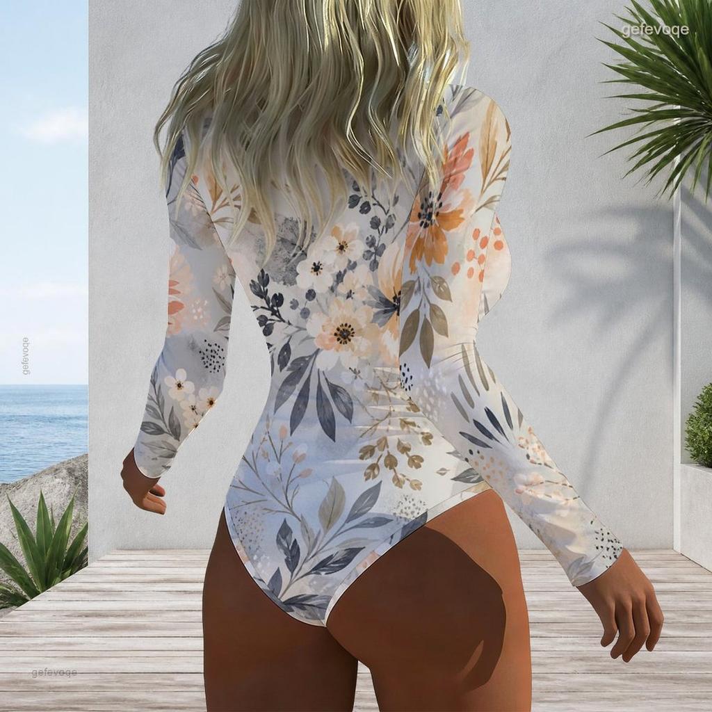 Women Plus Size Long Sleeve High Neck Half Zip Floral Print One Piece Swimsuit