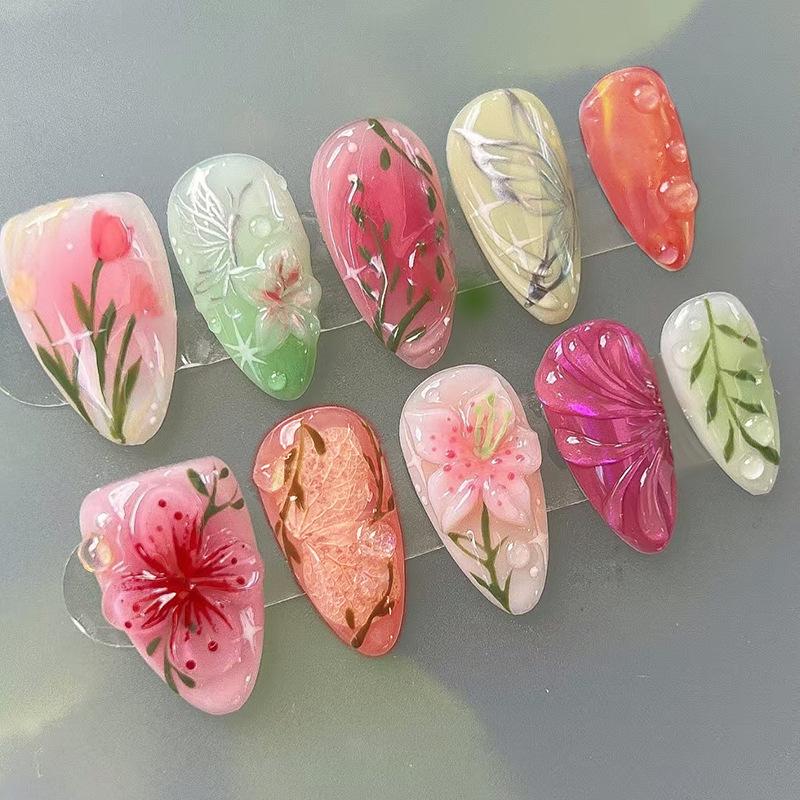 24Pcs Gold Pink Flower Press On Nails Almond Shape Glossy Fake Nails With Pearl Decor Autumn Ballet False Nail Tips