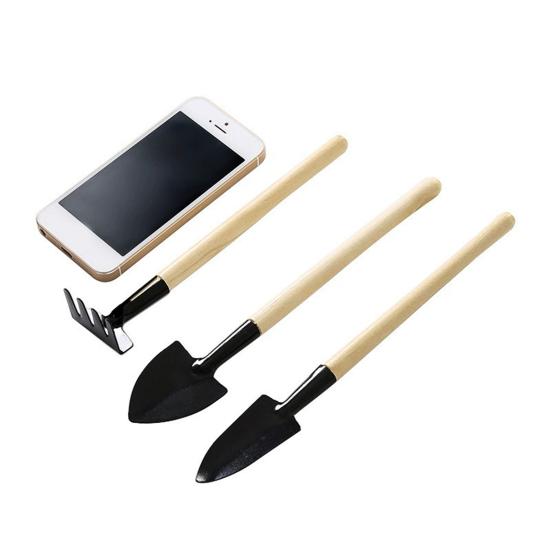 2 sady mini zahradnického nářadí, dětské kovové lopatky s dřevěnou rukojetí, mini hrábě a lopata pro kypření půdy, přesazování kancelářských a domácích rostlin v květináčích