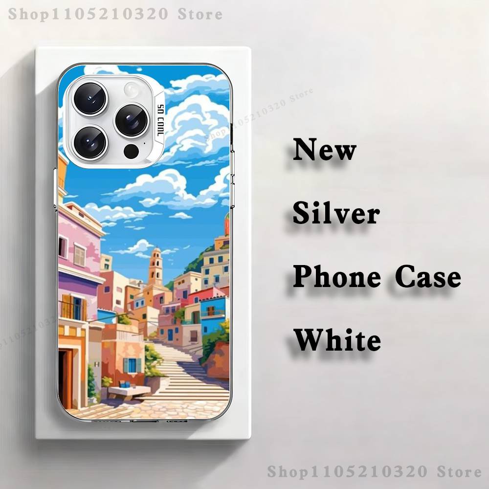 Stylized Houses Painting Phone Case For iPhone 17,16,15,14,13,12,11,Pro,Max,Plus,Mini,XS,SE Anti Fall White Matte Hard Bumper