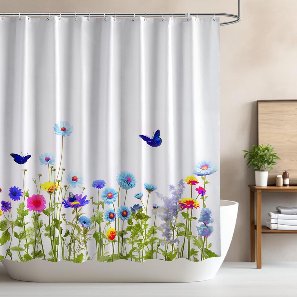 Kleurige Badkamergordijnen Bloemenprint Polyester Waterdicht Wasbaar Moderne Gordijnset Met Haken Huis Witte Douchegordijn