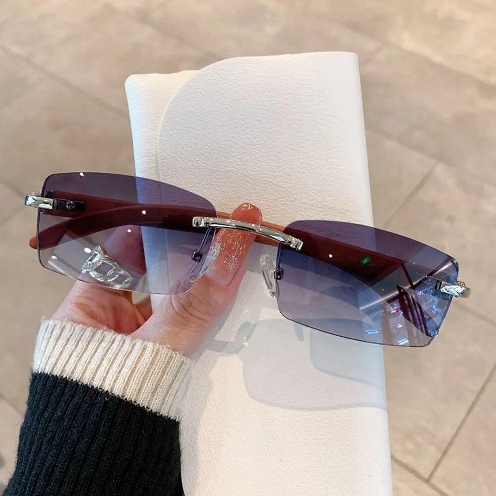Rimless Sunglasses For Men Women Wooden Pattern Luxury Retro Sun Glasses Fashion Shades UV400 Travel Outdoor