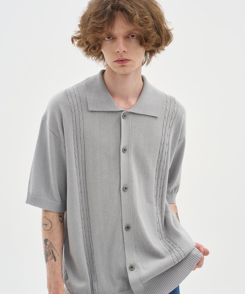 Blond9 Soft Cable Collar Short Sleeve Cardigan_Gray