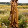 Women Bohemian Long Dress Summer Ruffle Deep V Neck Sleeveless Swing Dress Solid Color Loose Casual Beach Vacation Maxi Dress