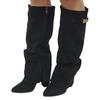 Women's Fold Over Slouch Knee High Boots Retro Faux Suede Pointed Toe Block Heel Tall Boots Shoes