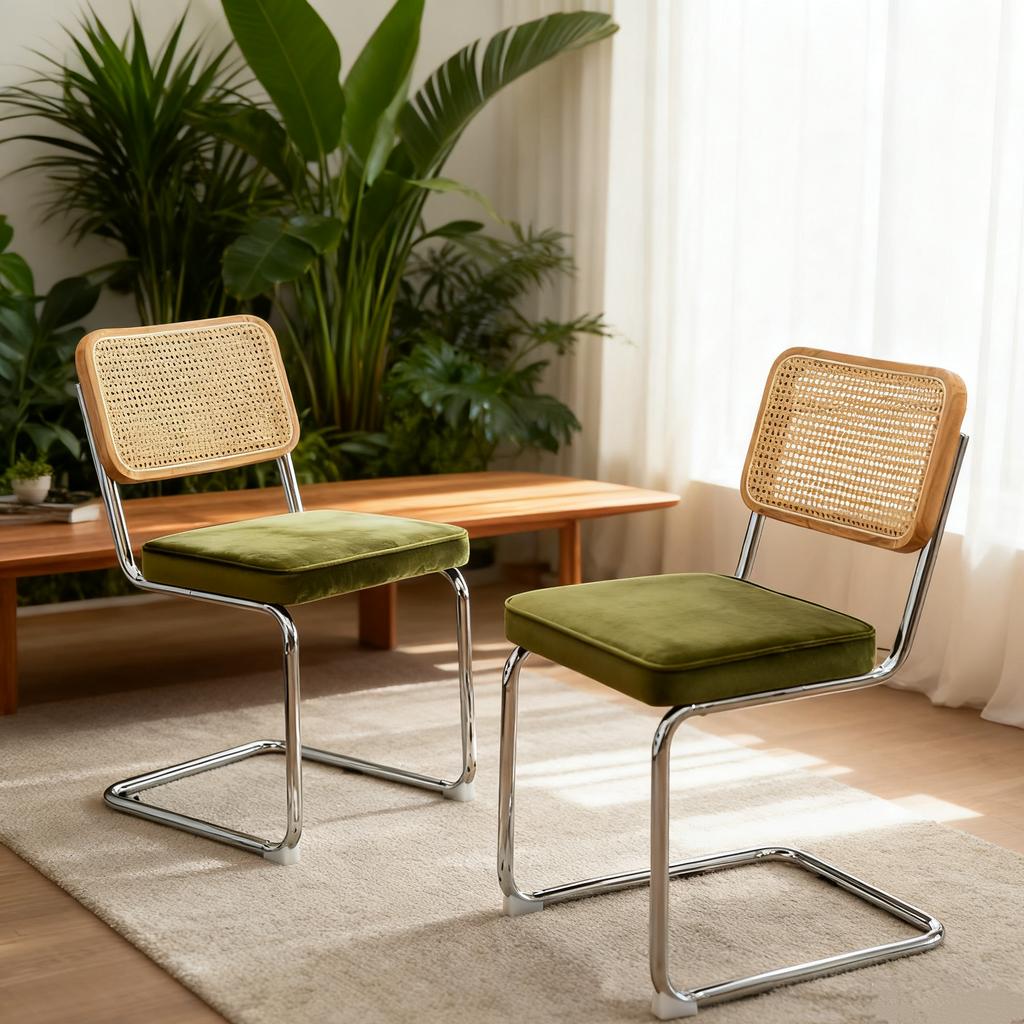 Esszimmerstühle Set aus 2 Stück, Samt Rattan Akzentstühle mit Chrombeinen, Moderne Mid Century Breuer Design Stühle, Esszimmer Wohnzimmer Küchenstühle