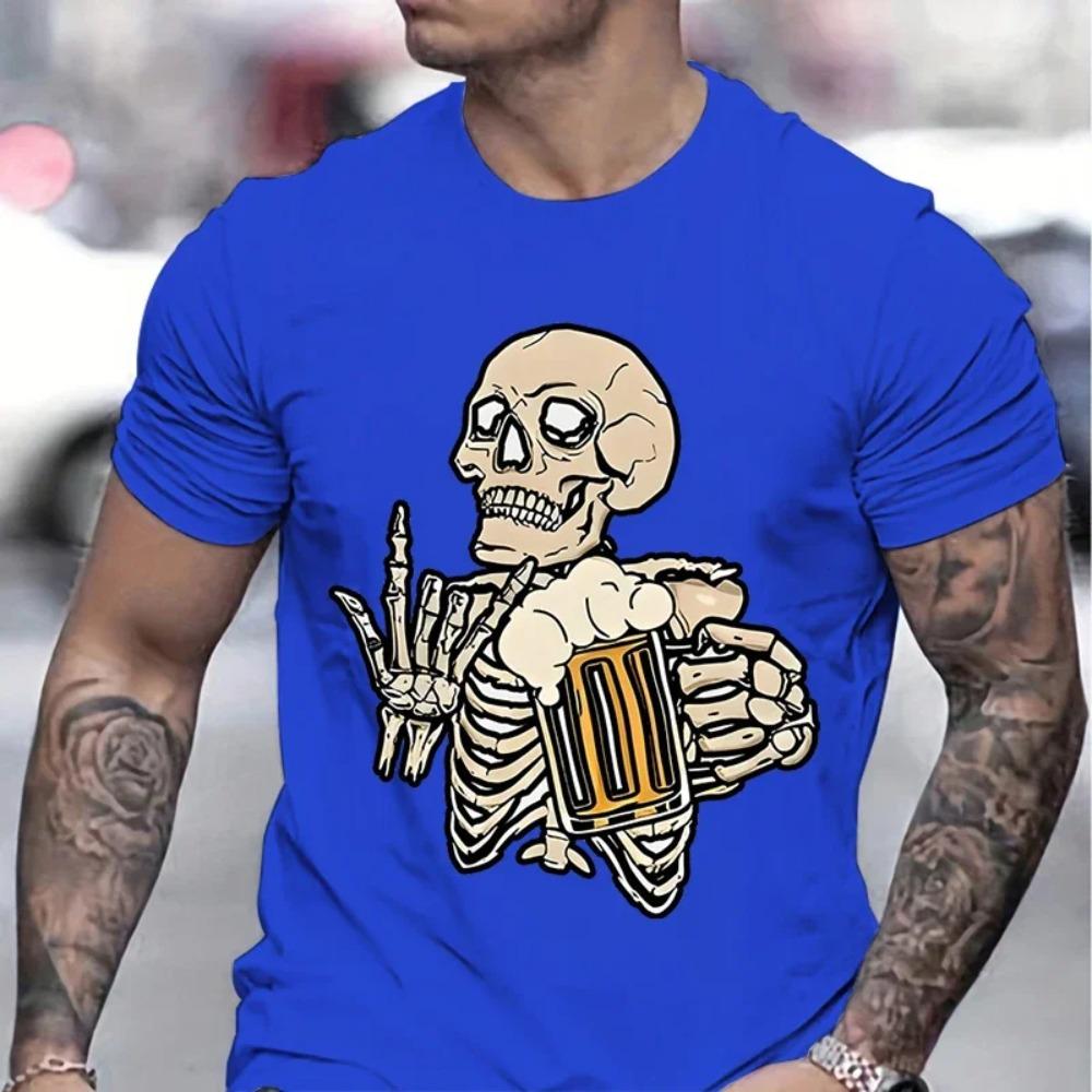 Beer Lover Gifts T-shirt Men Skull Beer Graphic Print Funny Men T-shirt Skeleton and Beers Lover Graphic Design Summer Clothes