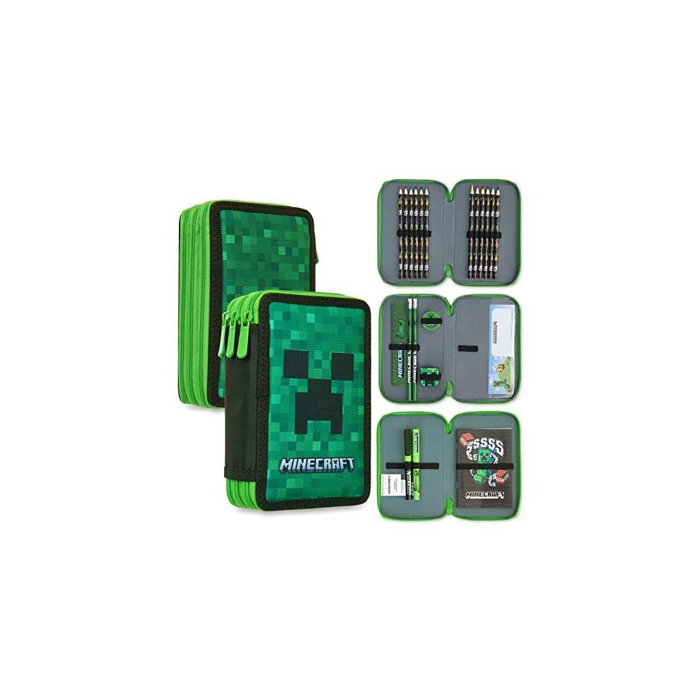 Minecraft Federmäppchen, Großes Federmäppchen 3 Fächer Gefüllt mit Schulbedarf, Geschenke (Grüner Creeper)