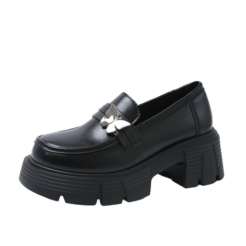 French Platform British Style Small Leather Shoes for Women 2025 Autumn New Black One-pedal Butterfly Single Shoes Loafers for Women