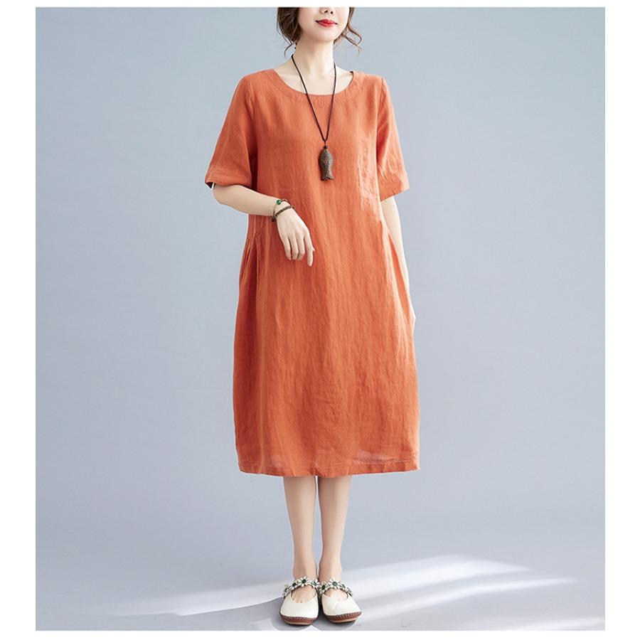 Cotton Linen Solid Vintage Dresses Summer Autumn Clothing Women Casual Mid-length Dress