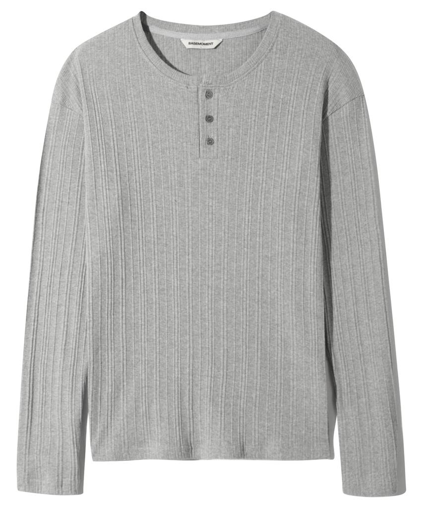 BASEMOMENT Irregular Ribbed Henley Neck T-Shirt Melange Gray