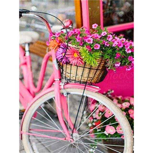 Landscape DIY 5D Diamond Painting Cross Stitch Kit Mosaic Beautiful Pink Flower Bicycle Diamond Embroidery Home Decoration Gift