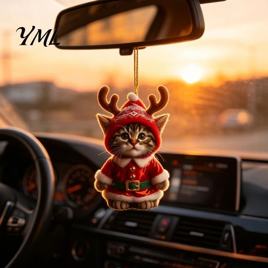 Cute Kitten Holiday Gifts Santa Cat Christmas Ornament, Acrylic Car Mirror Hanging Decor with Lover Presents Reindeer Antlers, 2D Bag Charm