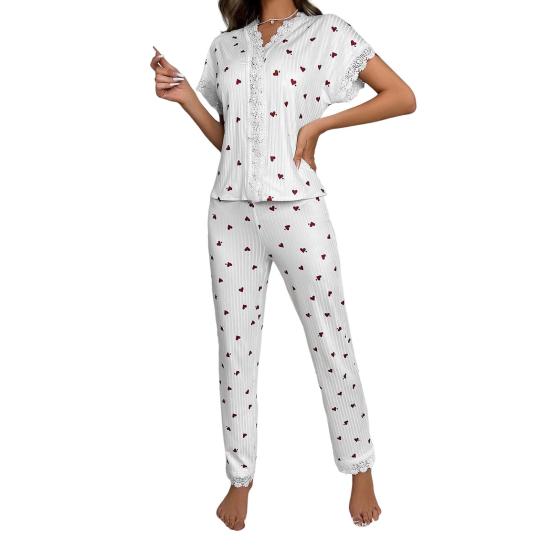 Women's Cherry Print Pajama Set Short Sleeve Button Front Top Long Pants Sleepwear Set Lace Trim 2-Piece Nightwear
