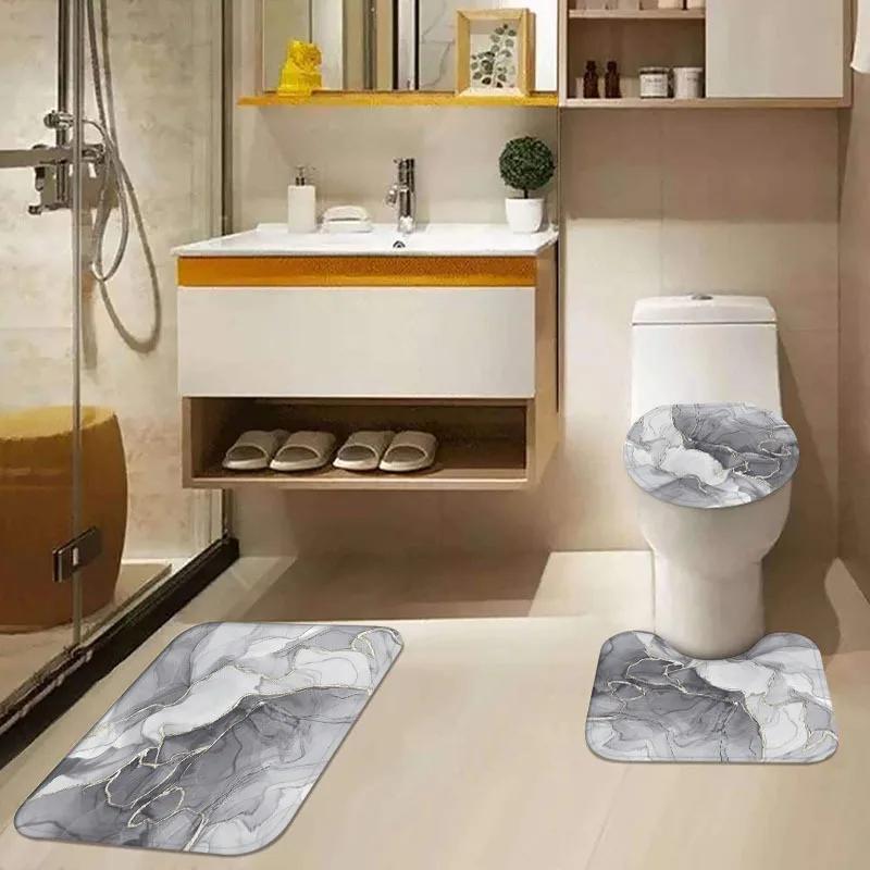 Elegantes Marmor-Design Badezimmer-Set: Wasserdichter Duschvorhang, Toilettensitzbezug, Rutschfeste Matte und 12 Haken - Polyesterstoff,