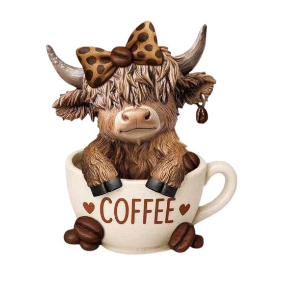 1/2Pcs Coffee Cup Highland Cow Figurine Coffee Bean Highland Cattle Resin Statue Sculpture Decoration Ornament Calf Lovers Gifts