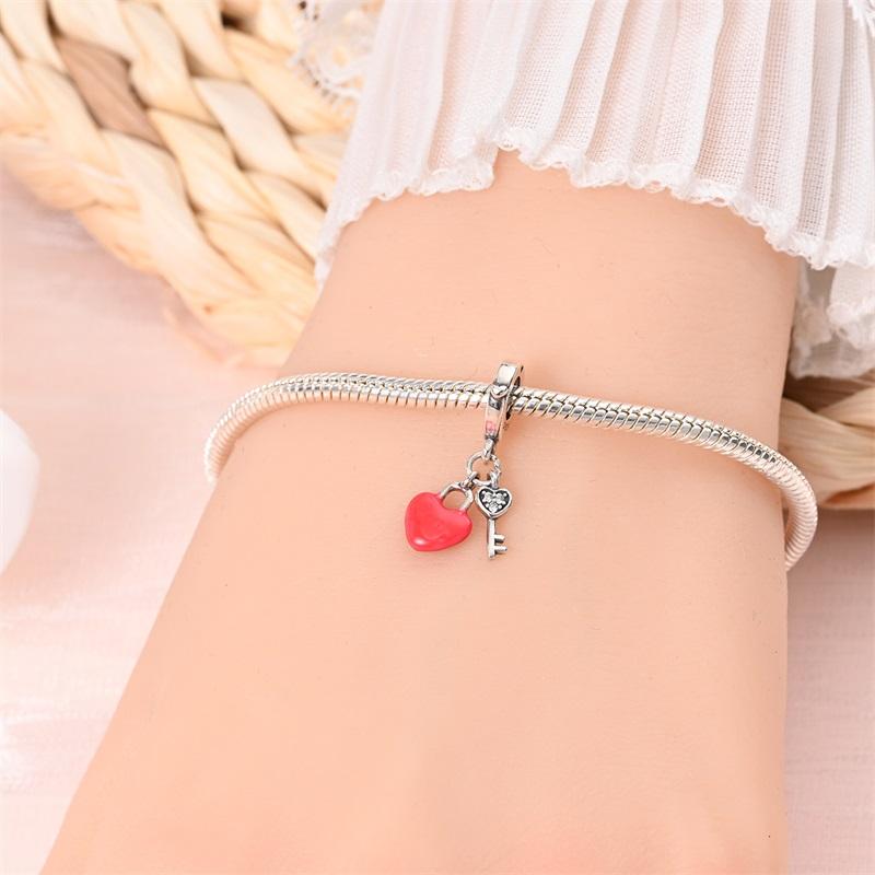Authentic Copper Charm Bead Charms Luxury Pink Heart Key Pendant Bead Charms Compatible With Bracelets Diy Women Making Delicate Gift