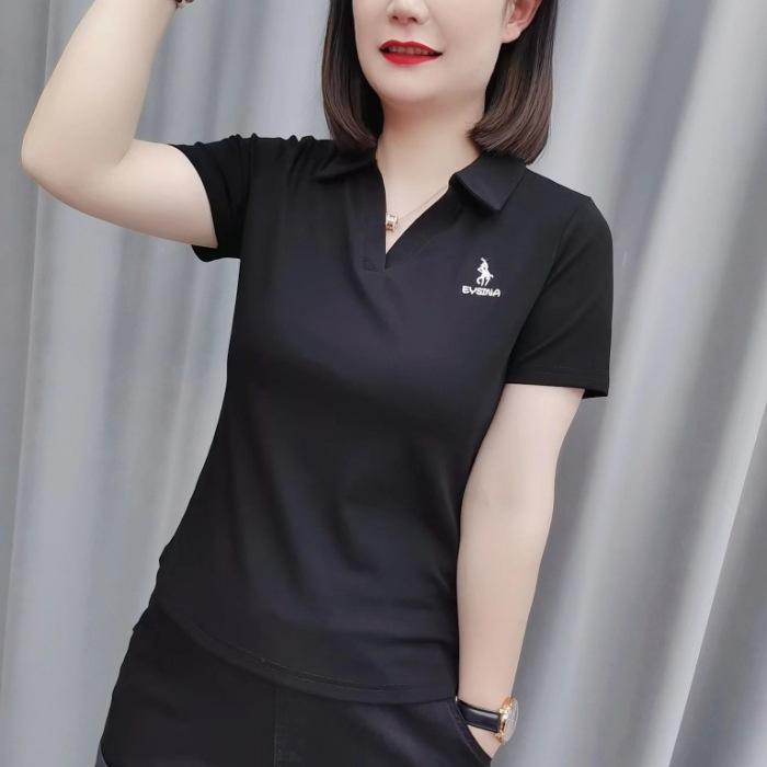 YYFS Women's Fashion Casual Summer Spring Solid Color Print Short Sleeve POLO Neck Blouses & Shirts